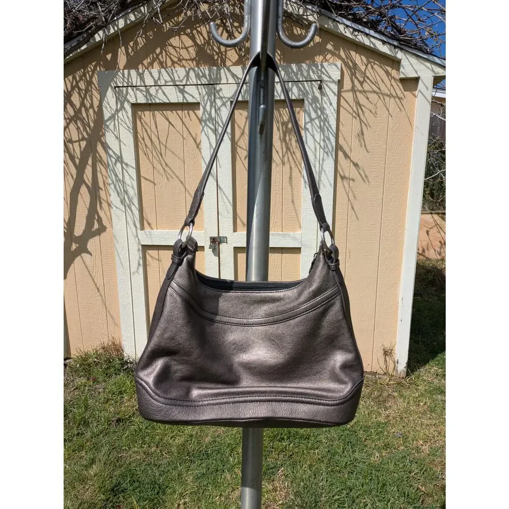 Brighton Handbag Embroidered Flowers Leather Metallic Pewter w/ Tassel Purse HTF